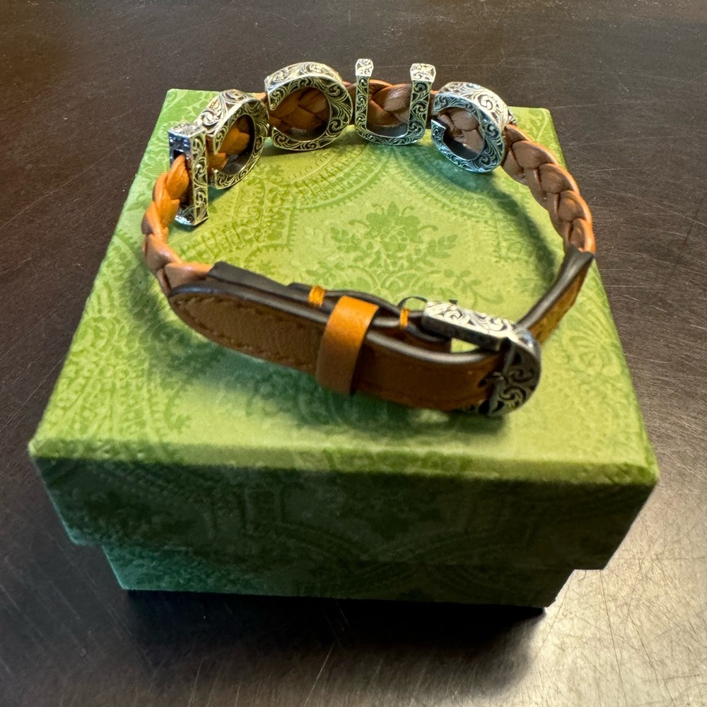 New Authentic Gucci Logo Silver Brown Leather Bracelet Size L / Wrist Up To 8” - Picture 5 of 12